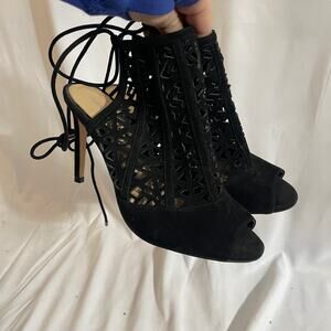 Gianni Bini Black Suede Leather Upper Laser Cut Ankle Tie Heels 7.5